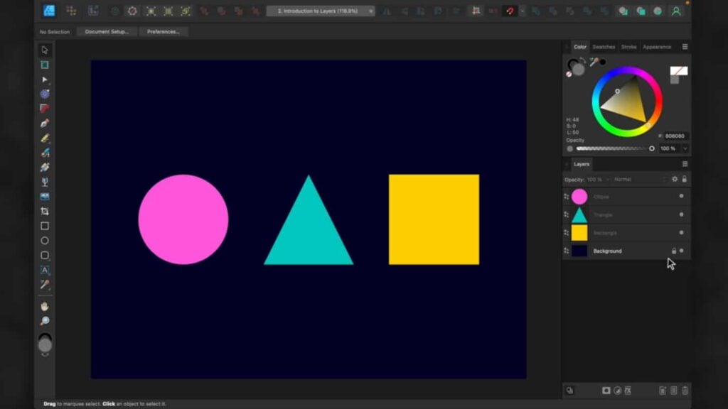 Affinity Designer open on a computer. Three basic shapes are arranged in the main workspace area. The user is locking a layer in the right-hand Layers menu.