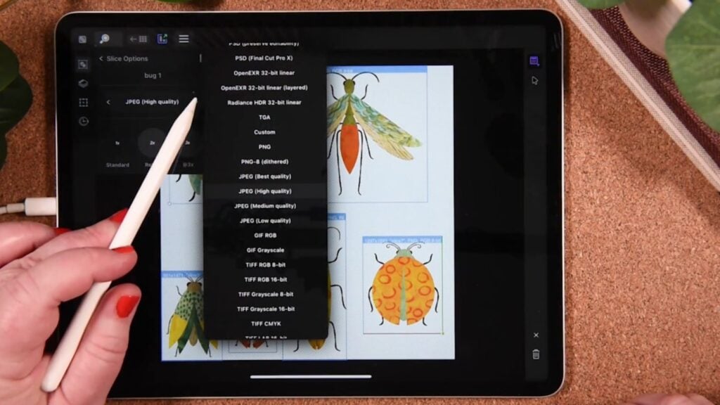 Affinity Designer open on an iPad, which is laying on a cork tabletop. A person is using an Apple Pencil to export illustrations of insects. 