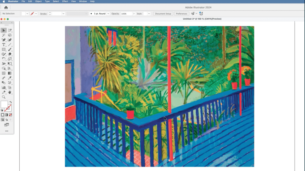 A painting of a wooden deck with a view of a lush, tropical garden sits within a canvas in Adobe Illustrator. The deck is a deep blue with bright red columns and the garden is shades of greens, blues and yellows.