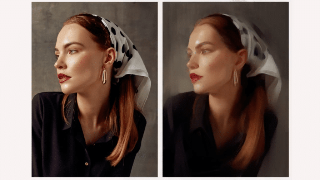 Two images of the same woman sit next to each other. The woman has orange hair and red lips and wears a white polka dot head scarf. The image on the left looks like a photograph while the image on the right looks like a soft and more muted painting of the woman.