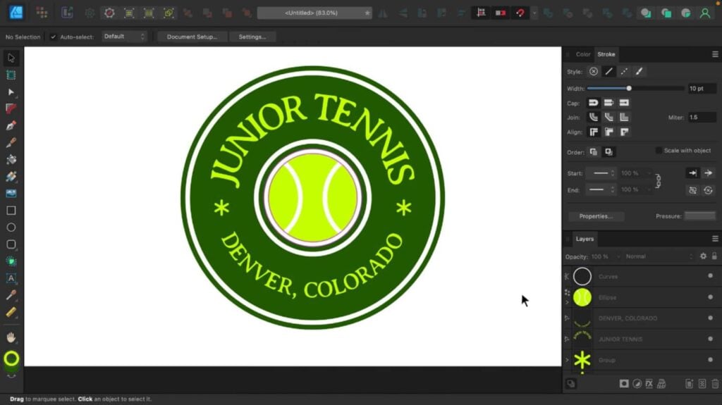Affinity Designer open on a computer. The main canvas workspace is filled with a badge logo that reads ‘Junior Tennis’ on the top and ‘Denver, Colorado’ on the bottom. 