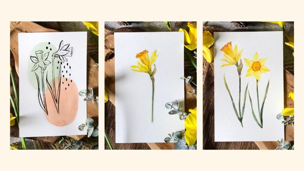 Three panels each contain one watercolor painting against a backdrop of natural elements. On the left is a black and white line drawing of daffodils over soft circles of coral and sage. The middle panel painting is one yellow daffodil in profile in line and wash style. On the right are two yellow daffodils, one in profile and one head-on, in a loose watercolor style.