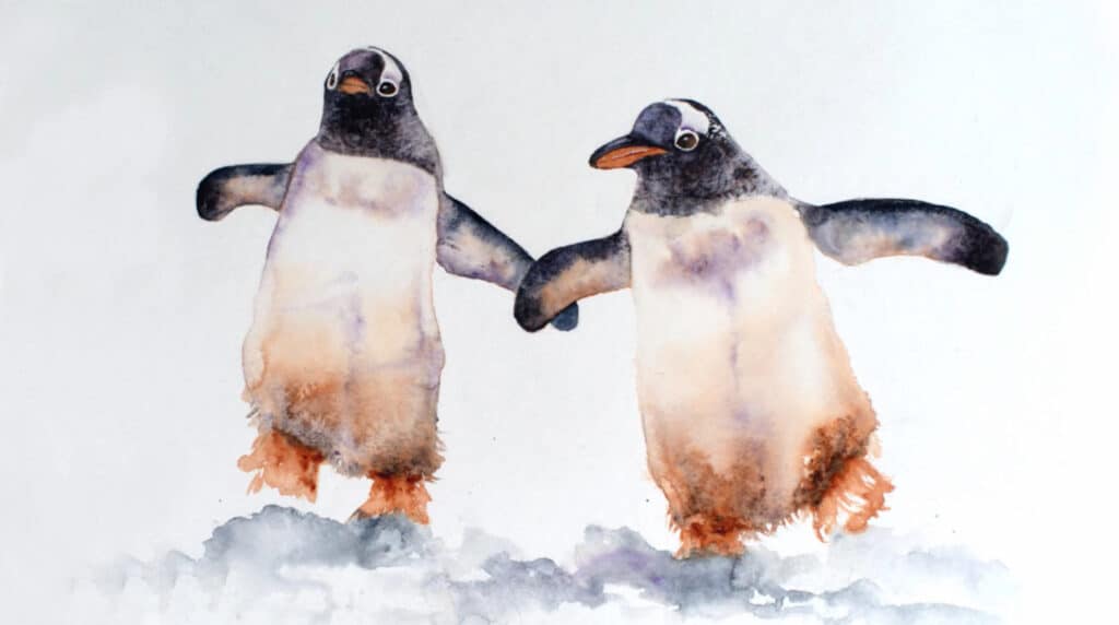 A watercolor painting of two adorable penguins walking alongside each other. They have orange feet and beaks, and their flippers overlap each other in the center of the painting.