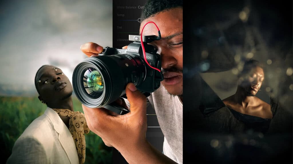 Three photos arranged side by side, all portraits. The one on the left depicts a person in a white suit standing in a green field under a blue sky and white clouds. The one on the right depicts a person seen through indistinguishable objects interrupting the lens’ view. The one in the center pictures a man holding a Canon DSLR camera and looking through the viewfinder.