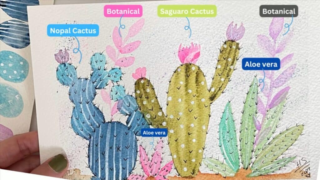 Close up of a watercolor painting of a nopal, saguaro and aloe vera cacti, as well as some leafy botanicals in greens, blues, pinks and lavender