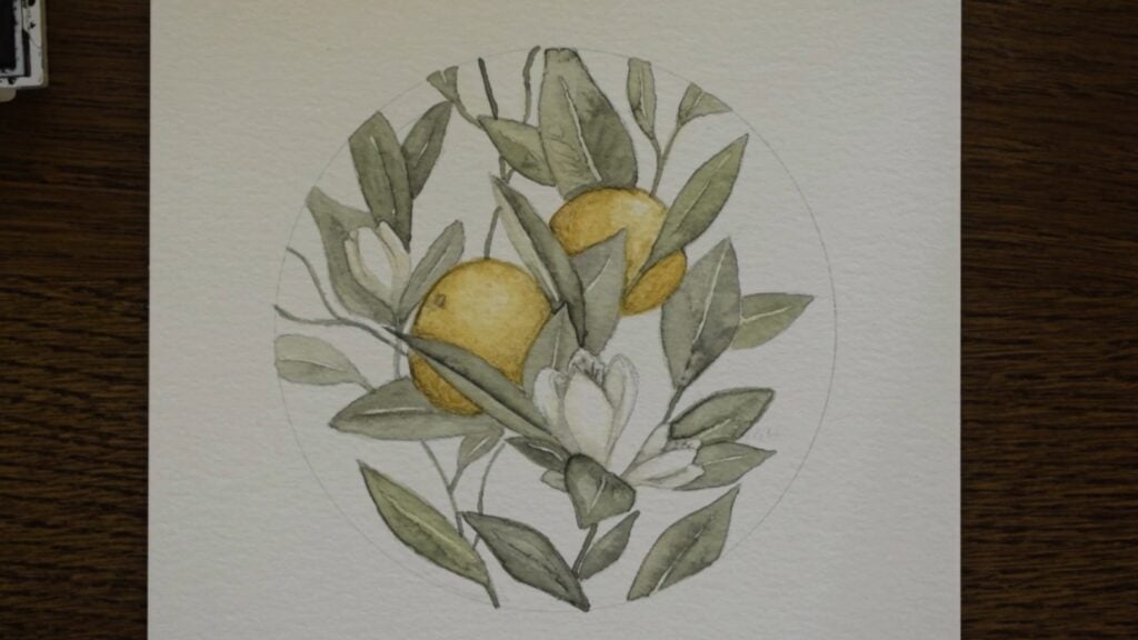 On a dark wooden surface is a cream colored sheet of paper with a circular watercolor painting of a section of an orange tree, featuring delicate sage-colored leaves, three white blooms and two ripe oranges.