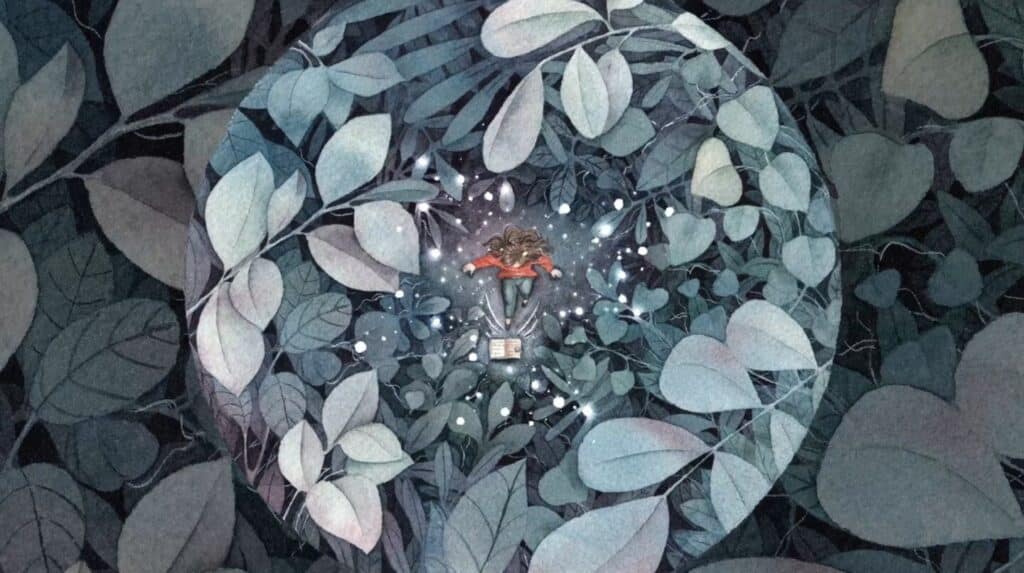 A watercolor painting that depicts an overhead view of a woman sitting on the ground with an open book in front of her. She is surrounded by large green leaves. The book appears to be emitting glowing orbs of light, which appear brighter because the artist left them white.