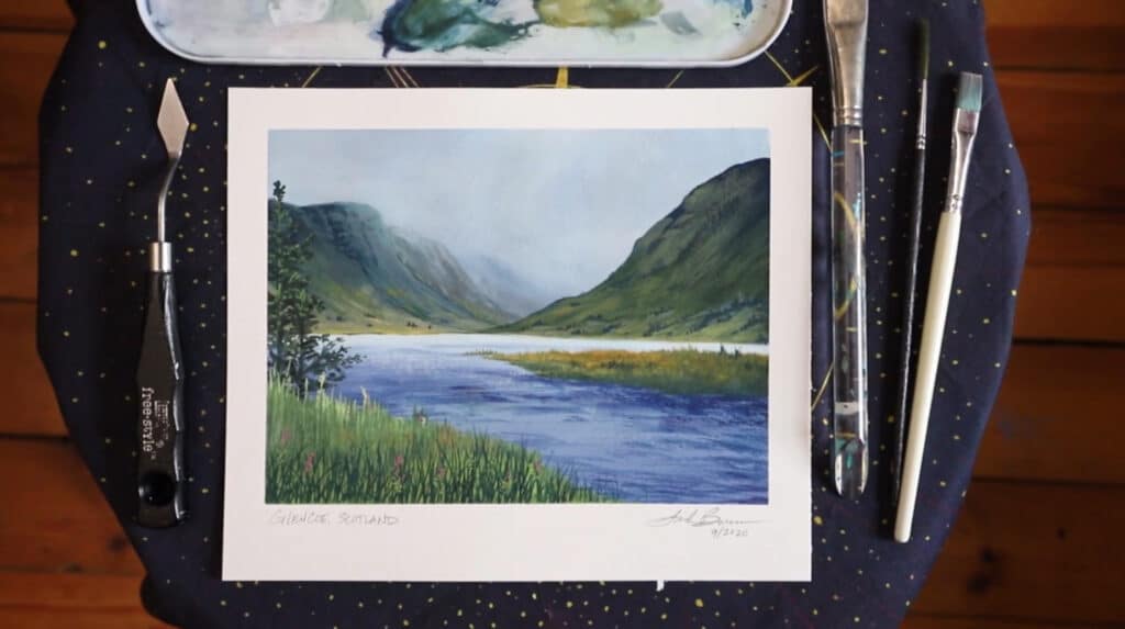 A painting of a blue river amidst green mountains.