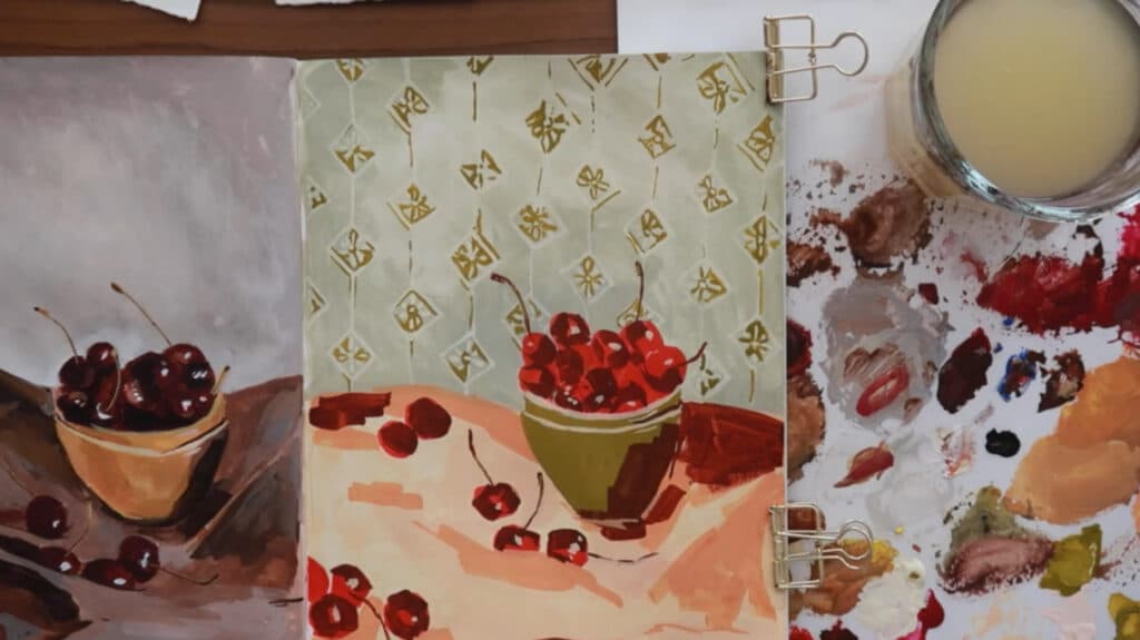 Two side-by-side still life paintings of a bowl of cherries.