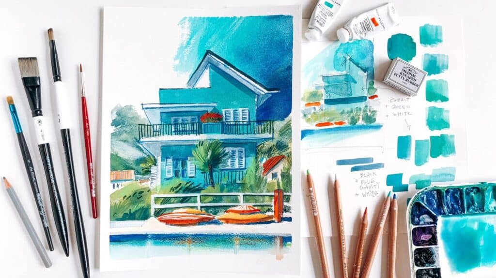 A painting of a bright blue two-story house next to a pool.