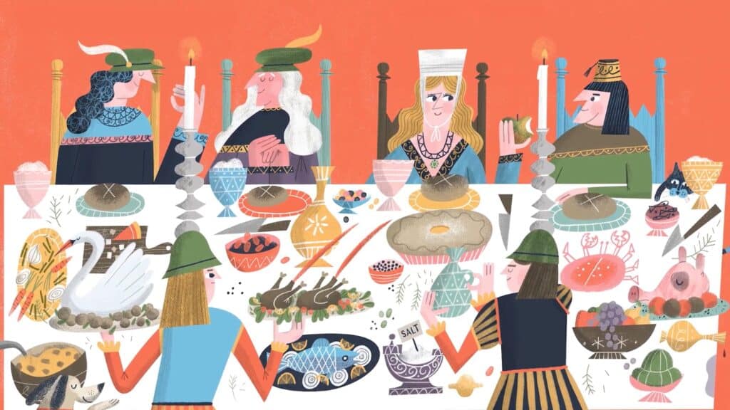 Illustration of a cartoonish medieval dinner party at a white table in a red room, with lords and ladies at the table, being served meats, pies, sweets and drinks by two servants.