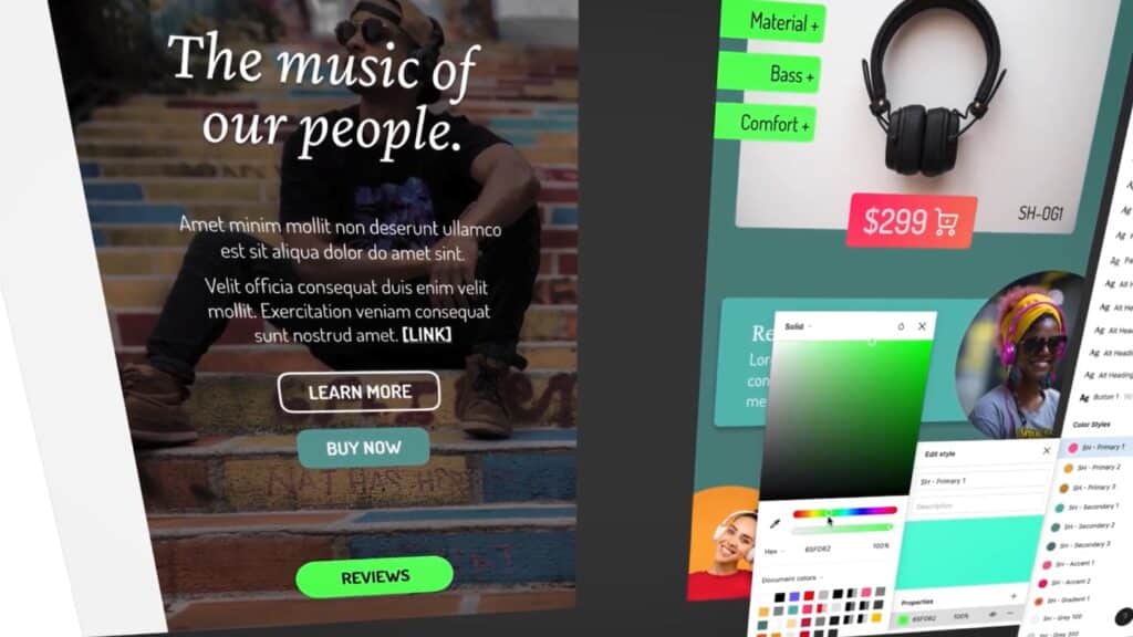 Open digital design project about selling headphones, with active options for the color of backgrounds, boxes and buttons