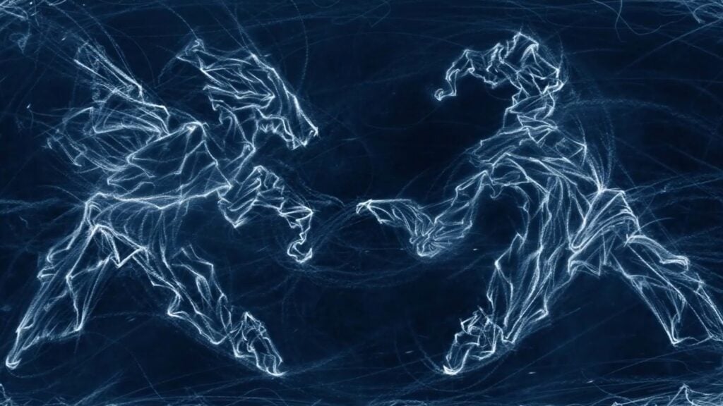 Two abstract yet active, animal-like figures, drawn in a bright blue-white, facing each other in profile against a black background