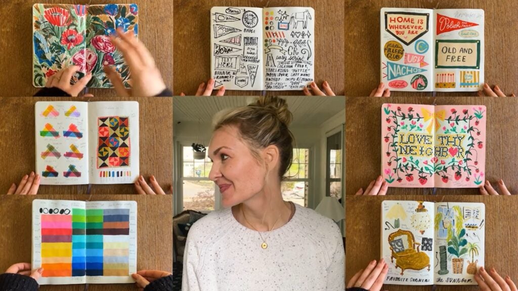 Grid of photos, each with an open sketchbook page full of shapes, colors, words and sketches, and in the middle of the grid is a photo of the smiling artist