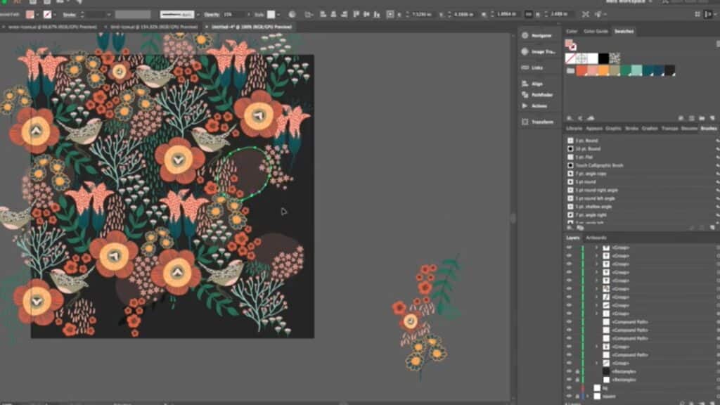 Open Adobe Illustrator project designing a surface pattern of florals, leaves and birds in various shades of green, blue, pink, orange and brown against a dark background