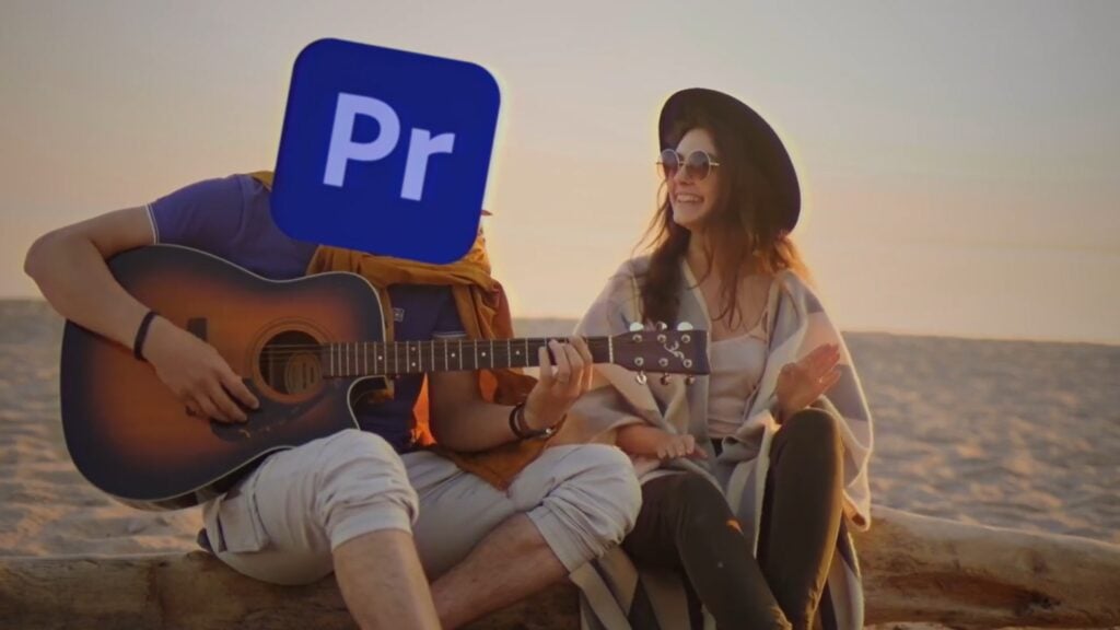 Still of two people sitting on logs on the beach, the person on the left playing guitar and with a large Premier Pro logo over their face, the other smiling in a sun hat and glasses, patting her knees in time with the guitar