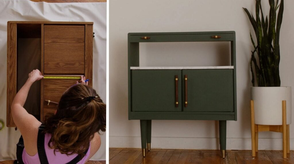 Two photos arranged side-by-side. The one on the left shows a woman measuring a cabinet made from dark wood. On the right is the same cabinet, but it has been painted a dark green and features new hardware and tapered legs.