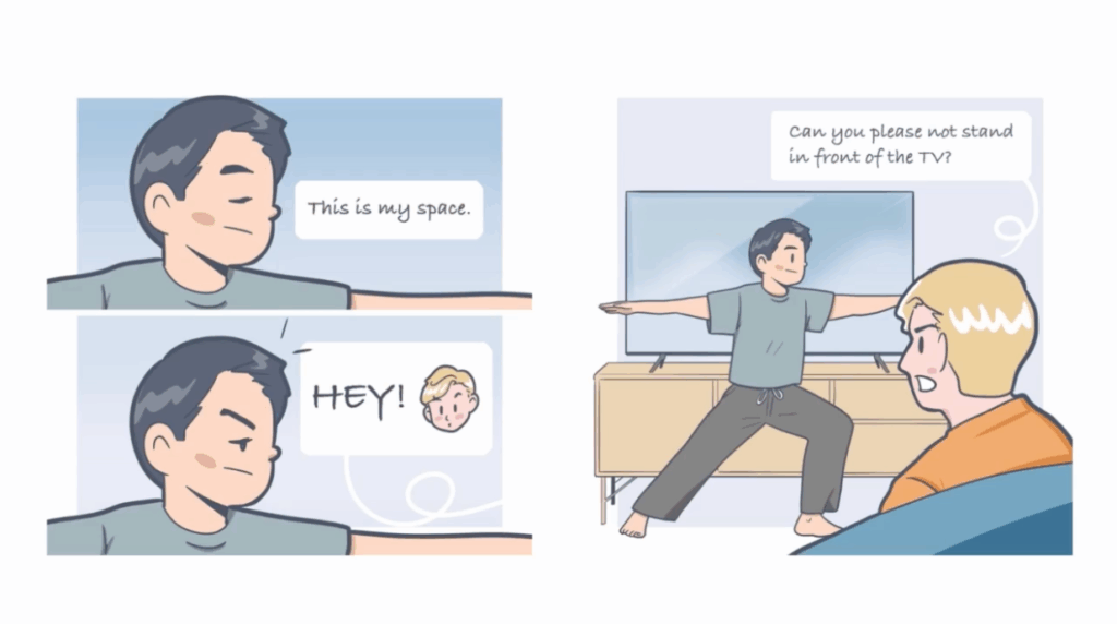 A three-panel comic strip shows a man doing yoga in front of a TV. The third panel shows the annoyed man who is watching TV.