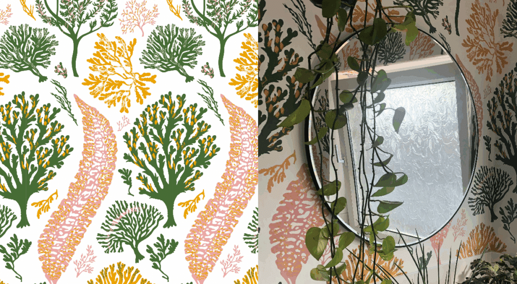 A nature-inspired green and pink wallpaper design sits next to an image of that wallpaper on a bathroom wall.