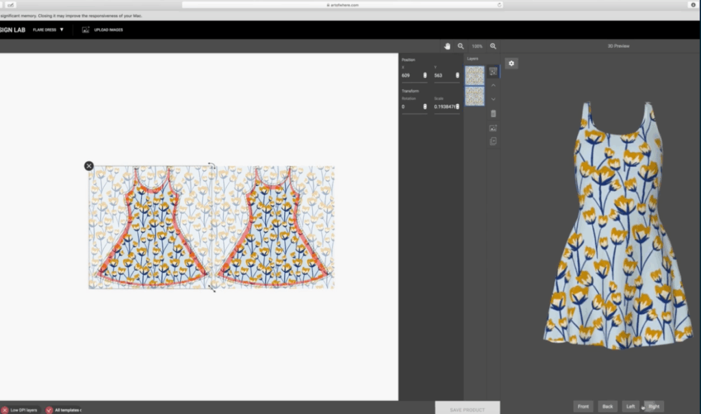 A print-on-demand site is open to a canvas that shows what a blue floral pattern would look like printed on a dress.