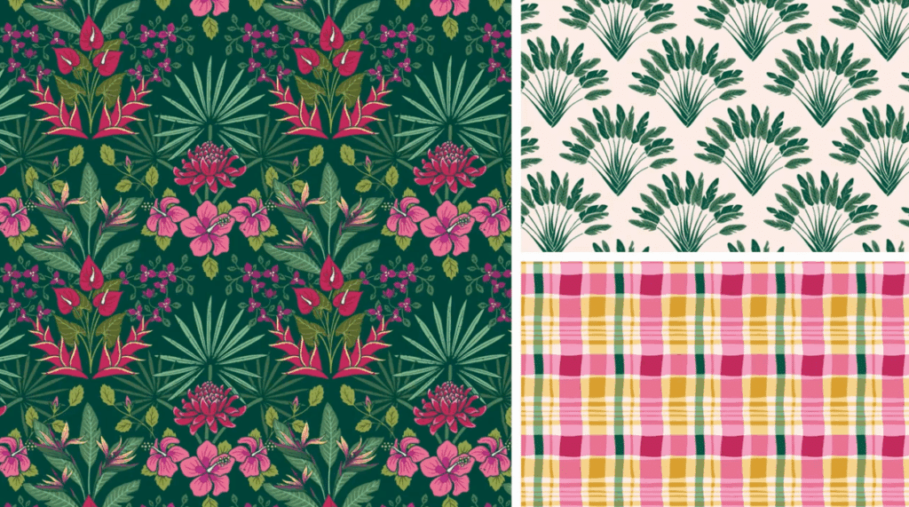 Three green and pink patterns sit side by side. Flowers and ferns inspire the first two, and the last is a gingham style.