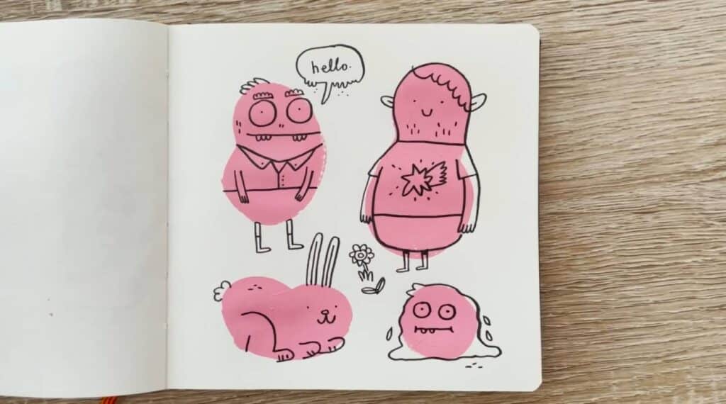 A sketchbook page filled with four characters that are all based on bright pink blobs. Two characters are humanoid, one resembles a rabbit and one is a dripping blob.