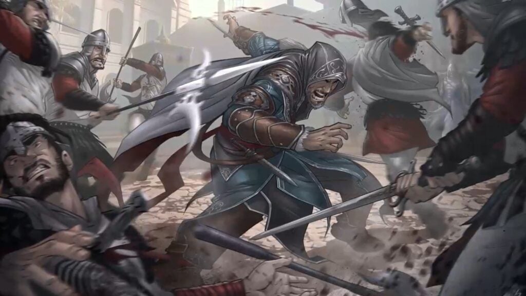 illustrated battle scene of medieval soldiers in active positions and waving swords and spears