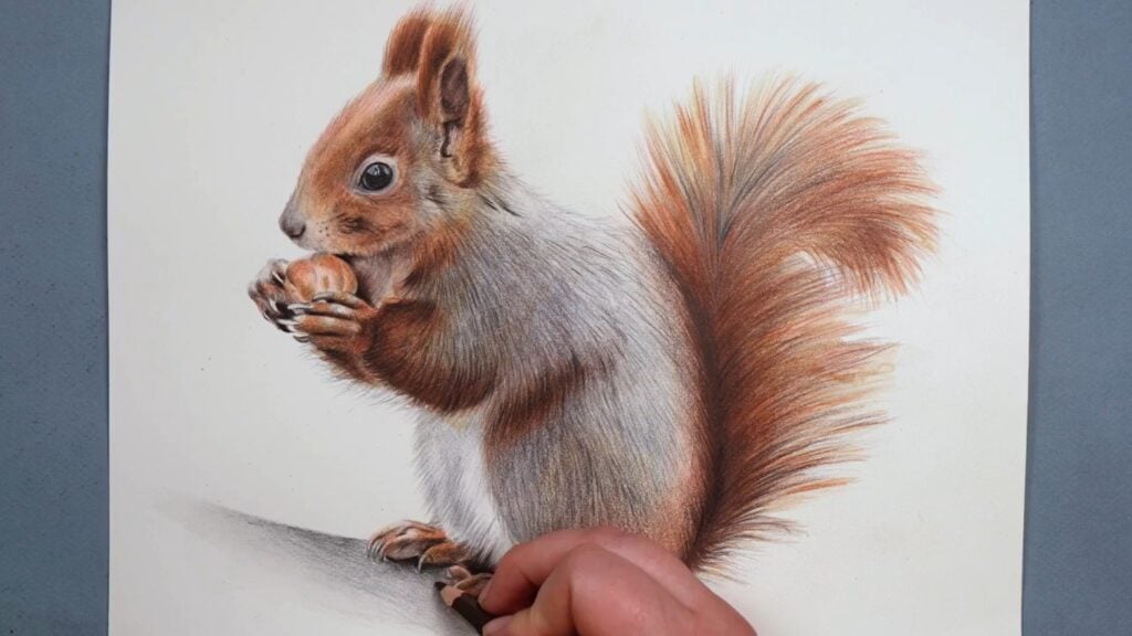 Artist drawing a squirrel eating a nut–the squirrel has realistic-looking gray and caramel-colored fur