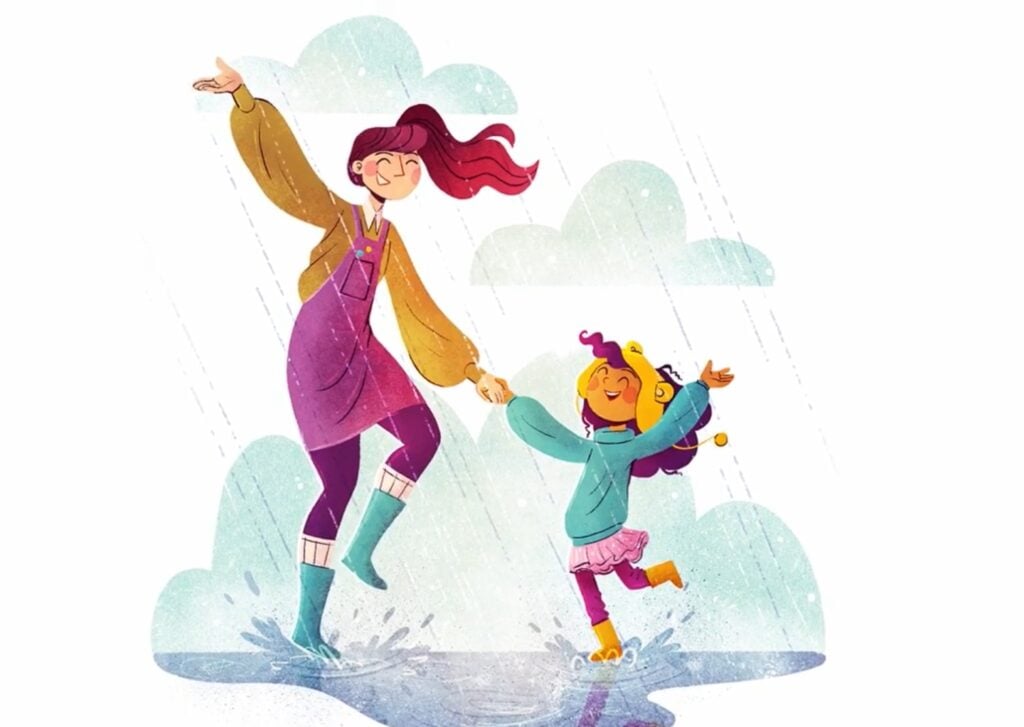 Colorful illustration of an adult woman and young girl laughing and dancing in a rain puddle