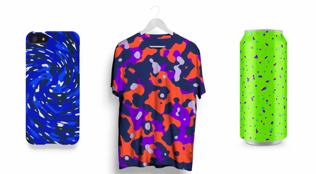 A phone case, a shirt and an aluminum can sit on a white background. The phone case has a blue abstract pattern. The shirt has a red, purple and navy camo-inspired pattern on it, and the can has a green and purple spotted pattern on it. 