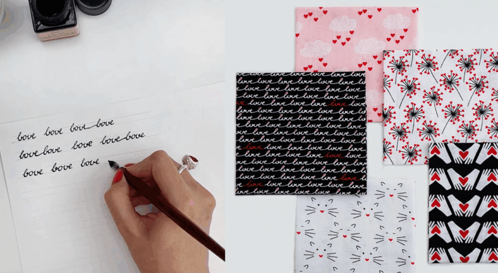 A hand writes the word “love” repeatedly on a lined sheet of white paper. To the right of the piece of paper are swatches of fabric. Each piece of fabric has a different pattern including one that features the word “love” in the same font over and over. Each pattern is made up of red, black and white. One pattern features cat faces while another features a pair of hands making a heart. 