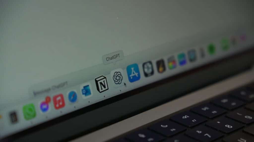The screen of a Macbook computer. The user is hovering their cursor over the ChatGPT icon on the taskbar.