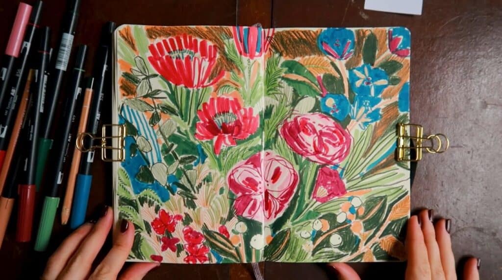 A person’s hands holding a sketchbook open on a table. It’s filled with a two-page spread of colorful flowers and their leaves.