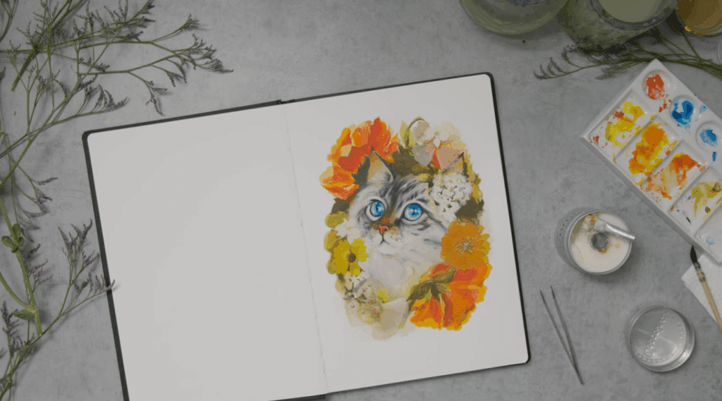 A notebook sits on a grey table open to a watercolor image of a blue eyed cat surrounded by both watercolor and pressed flowers. The notebook is surrounded by a few stems of purple flowers, a watercolor palette and a pair of tweezers. 