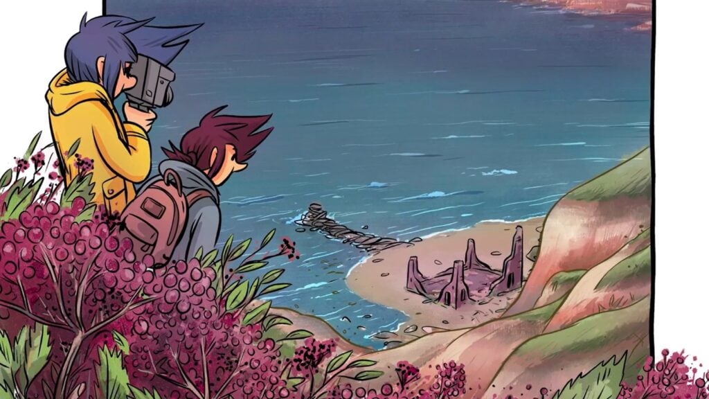 Illustration of two people overlooking a beach from a hilltop, one pointing a camera at ruins on the beach, and surrounded by shrubs and berries and hair blowing in the wind