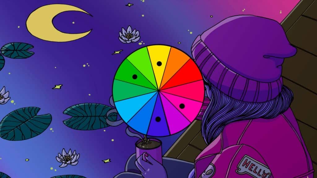 Illustration of a person sitting on a doc with a steaming cup of coffee in a pink coat and purple stocking cap; the view is from over their shoulder, looking down into a blue pond with green lily pads and flowers and the reflection of the yellow moon and stars; overlaying the picture is a cyan-magenta-yellow color wheel with a tetradic color scheme plotted on it 