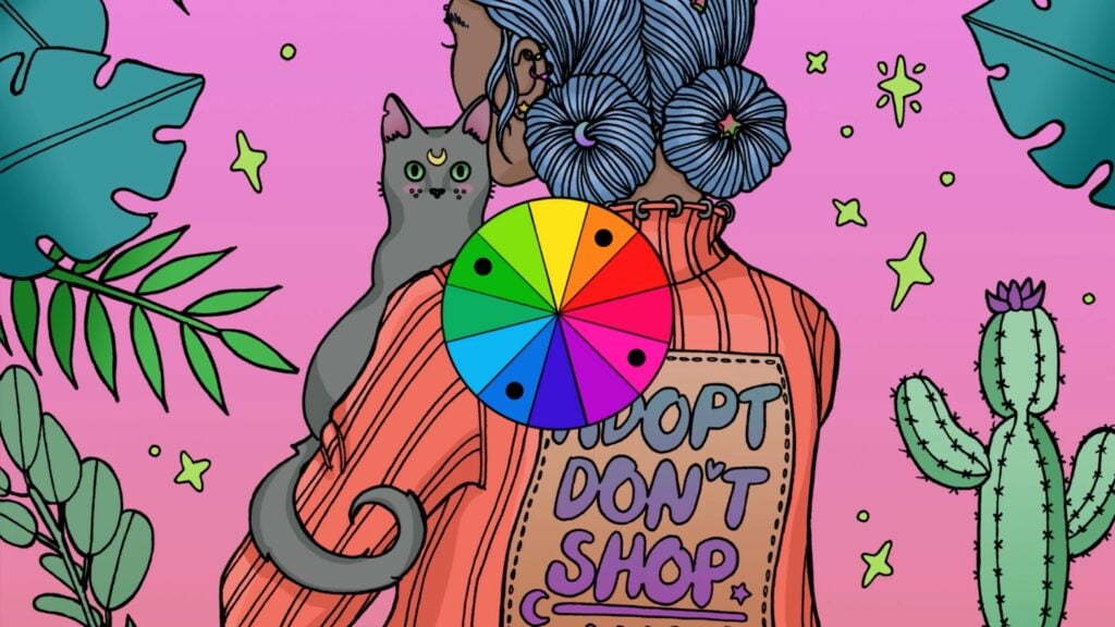 Illustration of a woman’s back, her hair in grey-blue buns and her orange coat reading “Adopt Don’t Shop” as she carries a gray-brown cat; the pink background is full of yellow stars and the edges of the image have various palms and cactuses in a range of greens; overlaying the picture is a cyan-magenta-yellow color wheel with a square color scheme plotted on it  