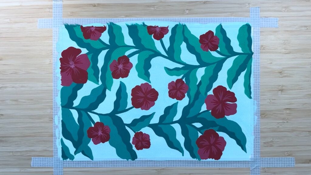 Painting of deep red, five-petaled flowers on leafy green branches against a lighter green background