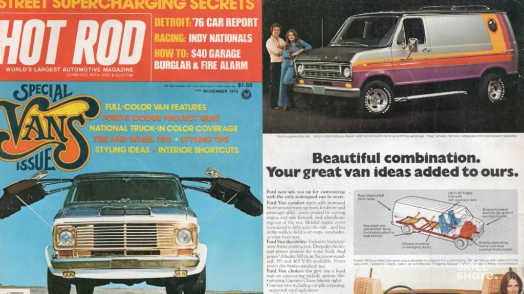 1970s magazine spread featuring an ad campaign for a van; the colors and textures, with lots of blue, orange and grey, contain a visual “grit,” as if the pages are slightly dusty 