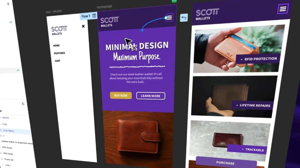 Open digital design project, featuring an in-progress website for wallets, with pictures and words highlighting quality and service, and designer notes about repositioning certain elements