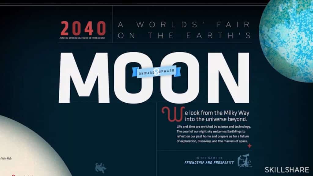 A hero image of a webpage about an imagined future on the moon, featuring an Earth in the upper-right corner and text that swings between large, bold and white and small, delicate, and whimsical, suggesting the difference of life on the moon versus on the Earth 
