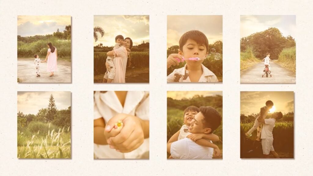 Grid of photos, two down and four across, featuring a family hugging and playing in golden sunlight, surrounded in soft, natural tones in an outdoor setting