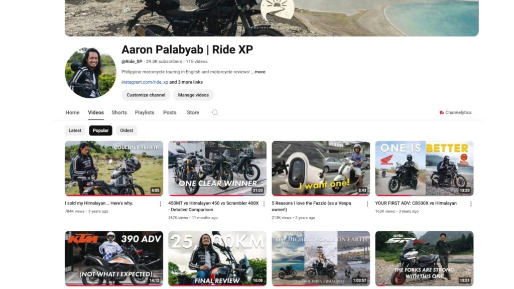 Main page of the instructor’s YouTube channel featuring motorcycle reviews, including a grid of its most popular videos 