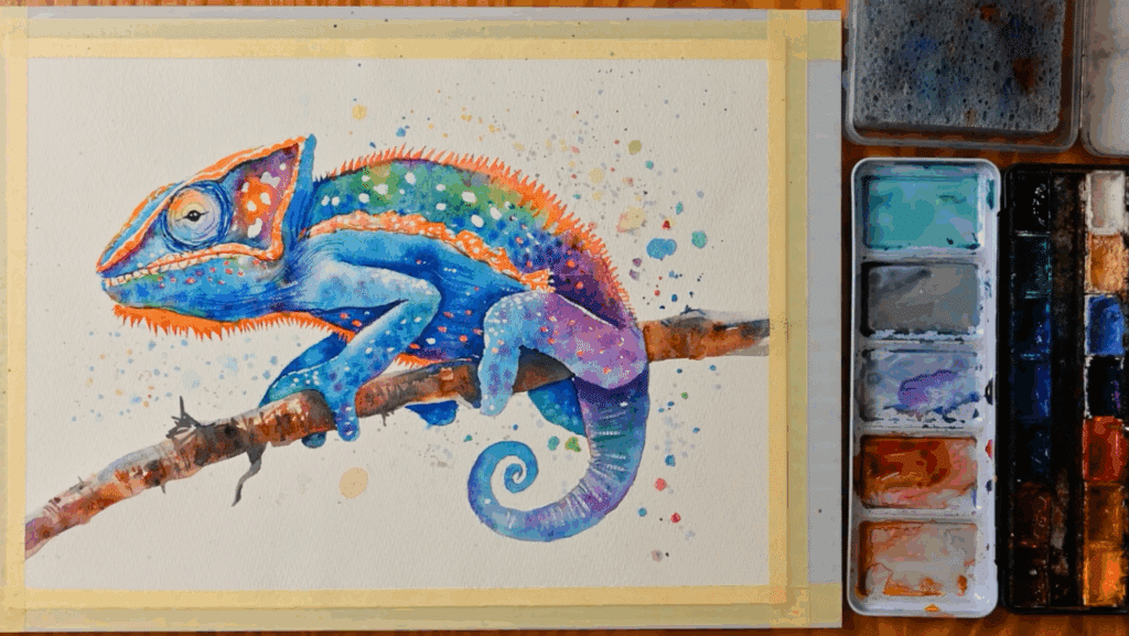 A watercolor painting of a rainbow chameleon sitting on a branch is on a wooden table next to a palette of watercolor paint and a sponge. 