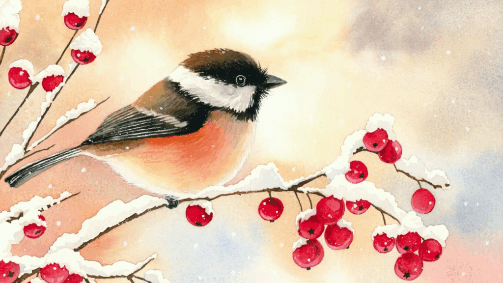 This watercolor painting features a winter chickadee sitting on a branch with red berries hanging from it. The branch is covered in snow, and a few specks of snow can be seen falling in the multi-colored background. 