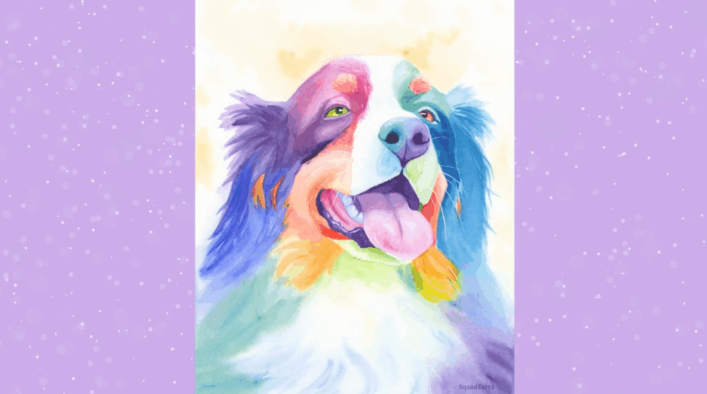 A watercolor painting of a rainbow dog sits on a purple background. 