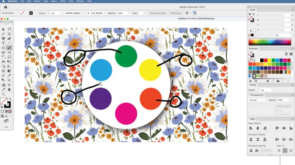 A floral pattern open on a computer. Black lines are used to correspond certain colors in the pattern with colors on a color wheel. 