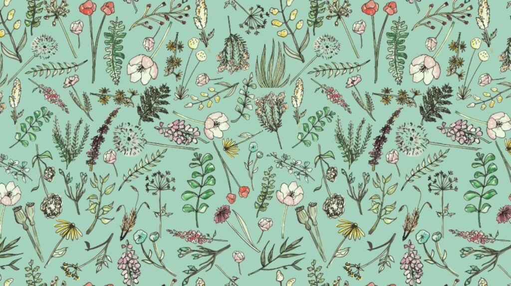 An image of an illustrated floral pattern that consists of flowers and leaves against a green background. 