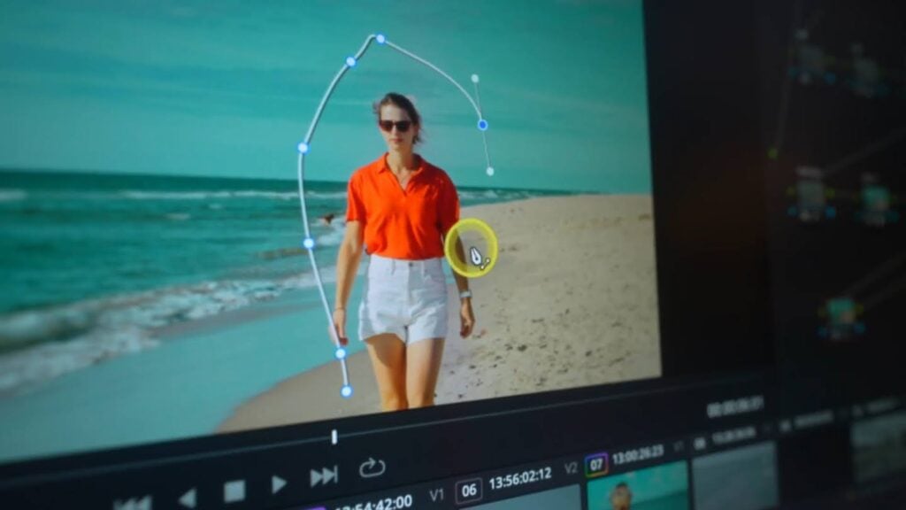 Open Resolve editing project, working on a photo of a woman walking on the beach in a red blouse and white shorts