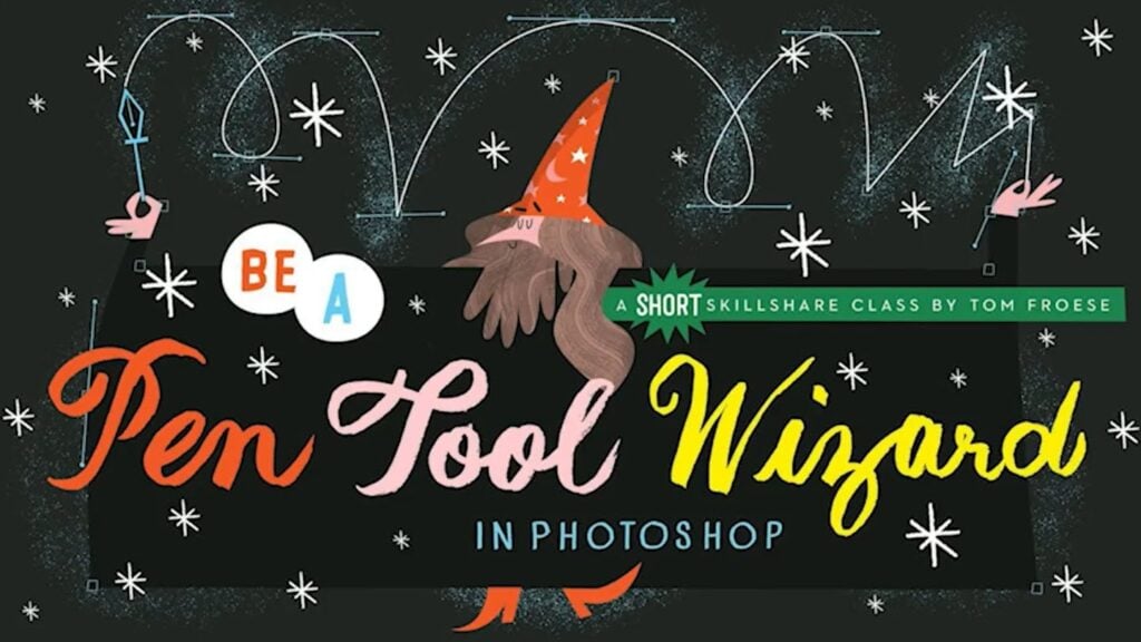 Illustration of a bearded wizard wearing a pointy red hat and shoes and holding a magic wand; his black cape is spread wide open to display the words “Be a pen tool wizard in Photoshop,” all against a black, “chalkboard” background with magical white stars and curvy lines